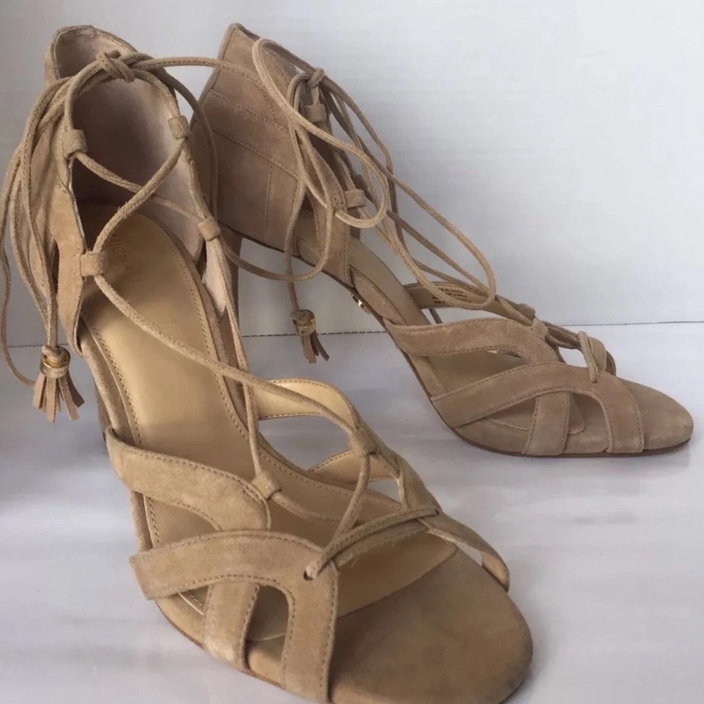 MK Michael Kors Leather Suede Pumps Gladiator Lace Mirabel  Brown Women Shoes 8